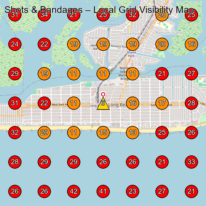 Shots & Bandages GeoGrid visibility map for Medical Spa in Long Beach